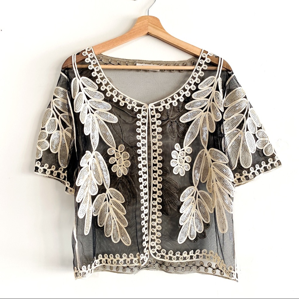 Vintage Simply Couture Floral Mesh Sequined Blouse Top Jacket Black & Ivory L
